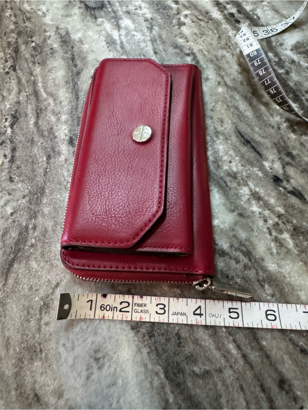 Kenneth Cole Deep Red Leather Zip Wallet with Silver-Tone Button - Picture 9 of 10